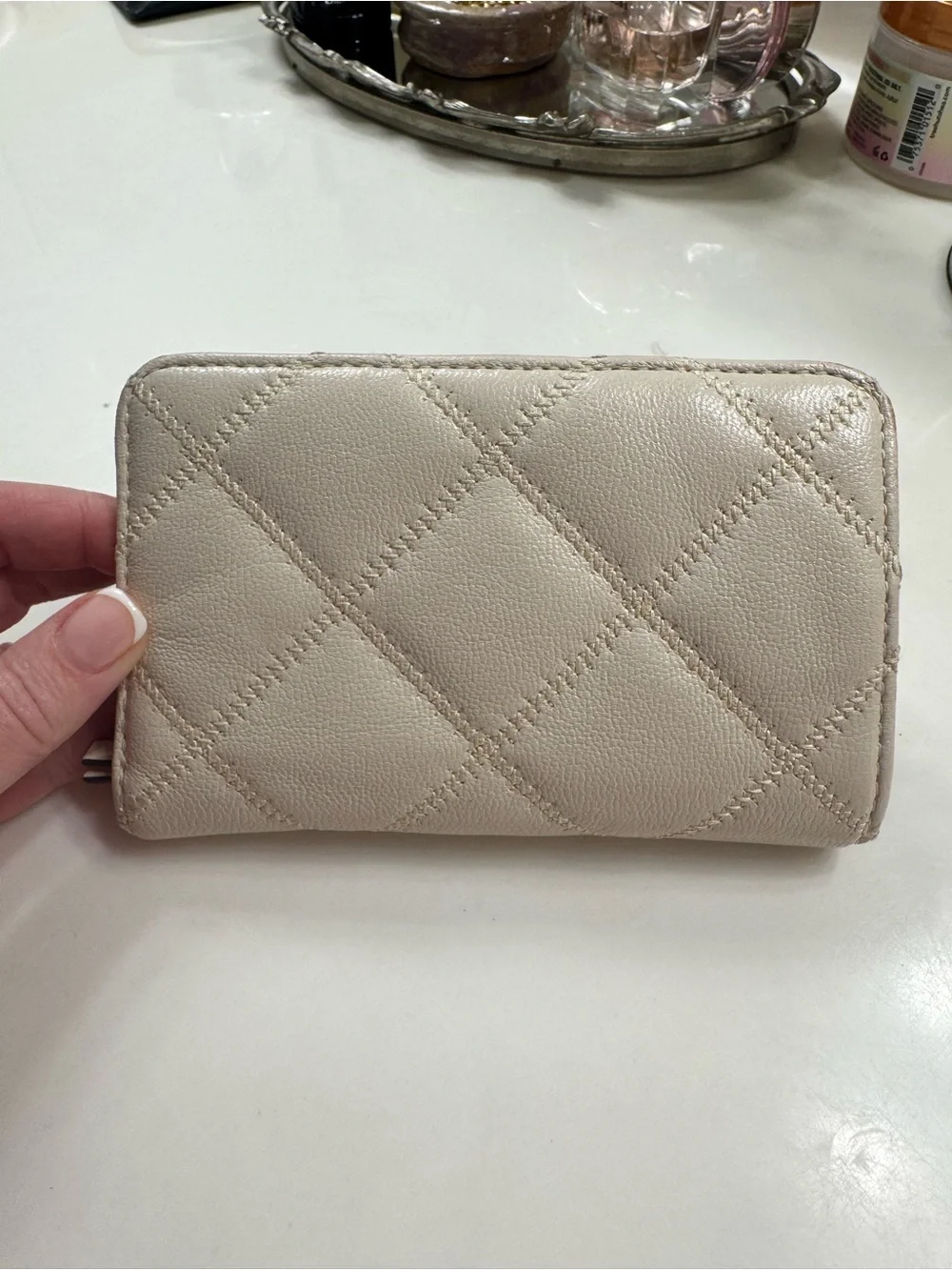 Tory Burch Quilted Zip Wallet in Beige Cream with Gold Logo